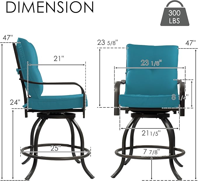 Kozyard Isabella Outdoor Swivel Bar Chairs, Counter Height Patio Bar Stools Set of 2 with Cushioned Seats, All-Weather Metal Bistro Chairs for Backyard Dining (Aqua, with Cushion)