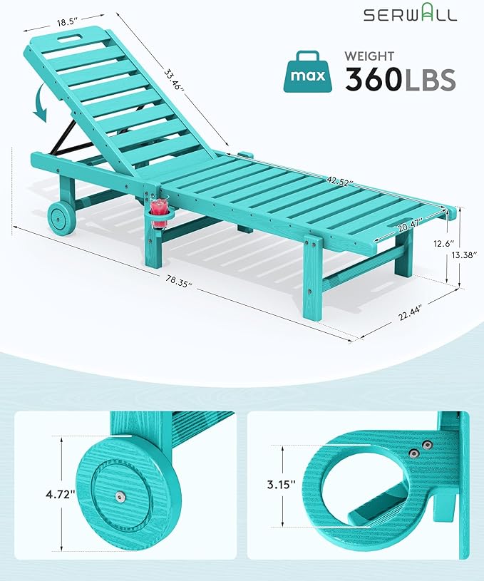 SERWALL Outdoor Chaise Lounge Set of 2, All-Weather HDPE Pool Lounge Chairs with 5-Position Adjustable Backrest, Rolling Wheels & Cup Holder for Poolside, Aruba