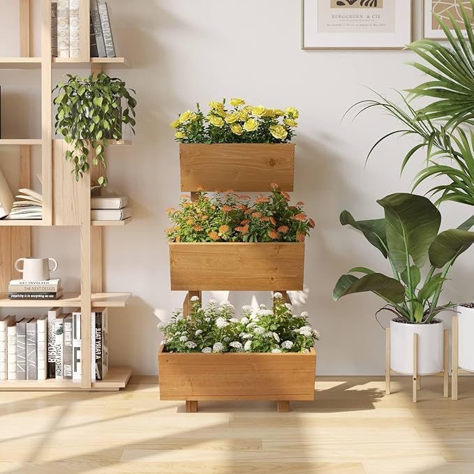 3-Tiers Wooden Raised Garden Bed Planter Box Flower Pots Vertical Garden Planter Wood Plant Stand for Vegetables Flowers Herbs for Patio, Balcony, Freestanding (Brown S)