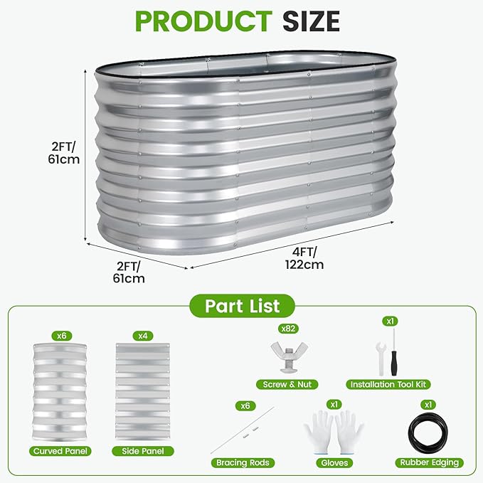 Galvanized Raised Garden Bed Outdoor 24'' Deep | Oval Metal Garden Beds with Easy Assembly & Planter Box for Planting Deep Root Vegetables Fruits Flowers, 4x2x2ft Silver