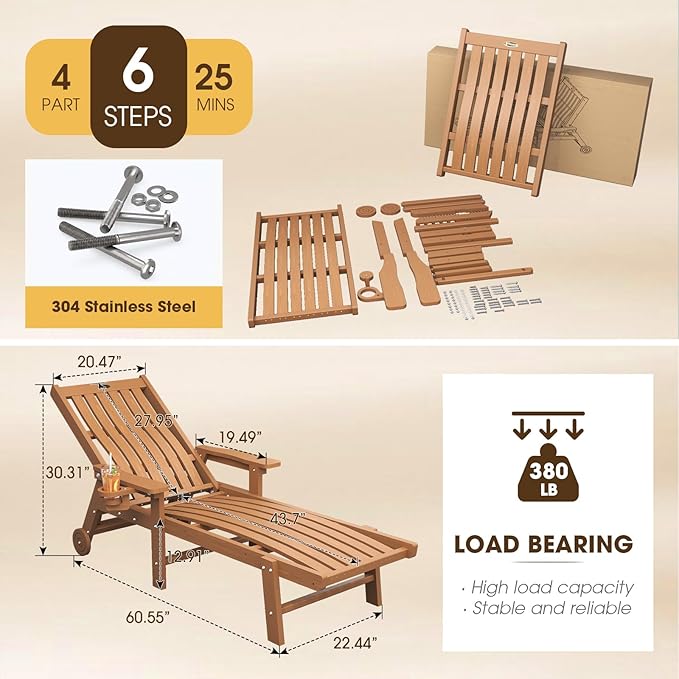 Patio Chaise Lounge Chair Set of 2, Oversized Lounge Chair Outdoor with 5 Positions, HDPE, Patio Lounge Chair with Wheels & Cup Holder for Pool, Deck, Poolside,Wood