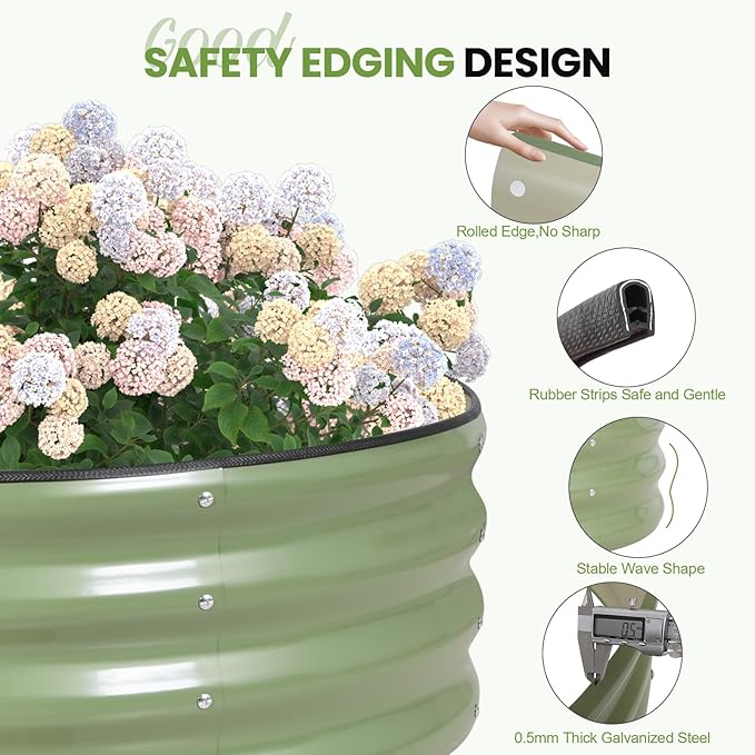 G GOOD GAIN Round Raised Garden Bed - 1Pcs 3x3x1.4ft Galvanized Steel Planter Boxes Outdoor with Rubber Edge Trim | Metal Raised Beds for Gardening Vegetables Flowers Fruits Herbs (Olive Green)