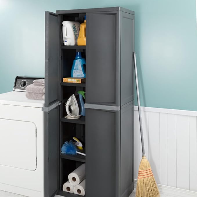 Sterilite 2-Pack 4 Shelf Cabinet, Lockable Utility Storage w/Adjustable Shelves, Gray - Plastic Shelving Unit for Organizing Garage, Pantry, Basement, Laundry Room or Mudroom
