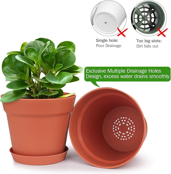 homenote Pots for Plants, 15 Pack 6 Inch Plastic Planters with Multiple Drainage Holes and Tray - Plant Pots for All Home Garden Flowers Succulents