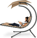 Best Choice Products Outdoor Hanging Curved Steel Chaise Lounge Chair Swing w/Built-in Pillow and Removable Canopy - Tan