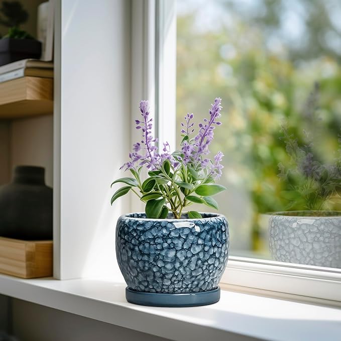 SQOWL Ceramic Pots for Plants - 6 Inch Plant Pot Indoor Outdoor, Ceramic Planter with Drainage Hole and Saucer, Decorative Round Planter, Small Flower Pot, Table Decor, Gifts for Plant Lovers, Blue