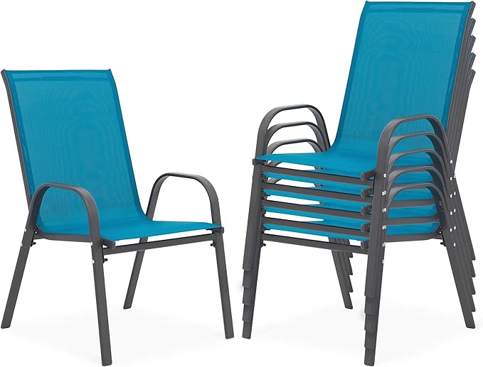 Outdoor Stackable Chairs Set of 6, Stacking Patio Chairs with Textilene Fabric, Outside Furniture for Garden Backyard Balconie Poolside Deck, Blue