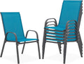 Outdoor Stackable Chairs Set of 6, Stacking Patio Chairs with Textilene Fabric, Outside Furniture for Garden Backyard Balconie Poolside Deck, Blue