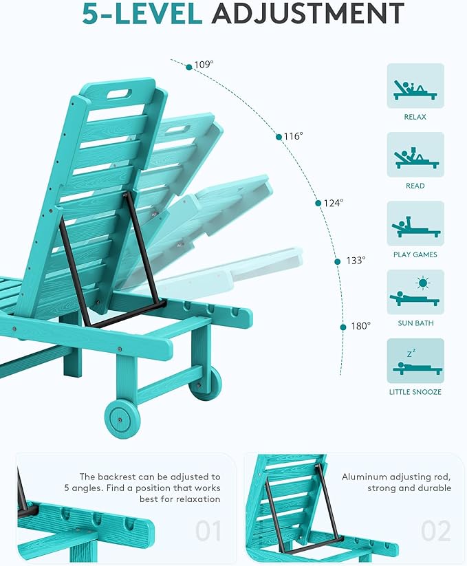 SERWALL Outdoor Chaise Lounge Set of 4, 78" Patio Lounge Chair with 5 Positions Adjustable Backrest, HDPE Lounger with Rolling Wheels & Cup Holder for Poolside, Beach, Garden, Aruba