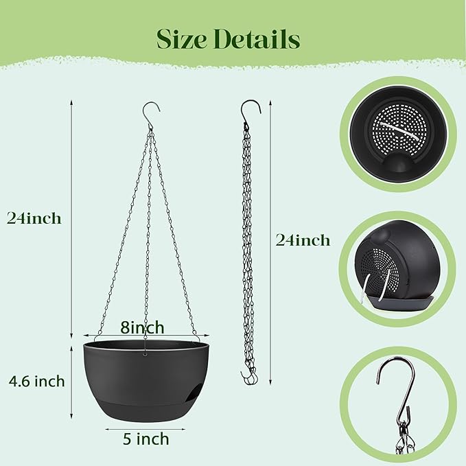Set of 2-8 Inch Self Watering Hanging Planters for Indoor Outdoor，Hanging Plant Pots with Drainage & Removable Tray, Hanging Pots Holder for Ivy, Pothos, Ferns, Balcony & Patio, Black