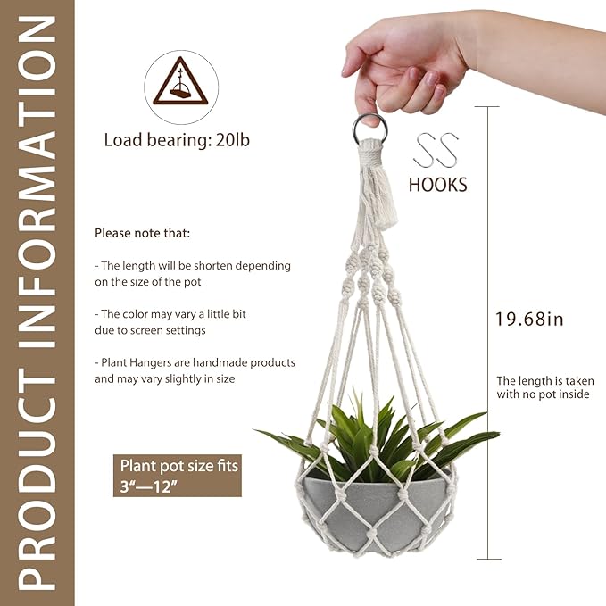 Artilady Macrame Plant Hanger Large Hanging Planter for Indoor Plants Holder White Cotton Rope Hanging Plant Basket Handmade Outdoor Window Boho Plant Wall Decor (White Macrame-2pcs)