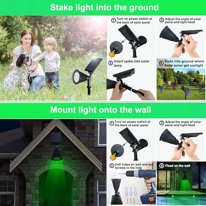Solar Lights Outdoor Waterproof, 4 LED Landscape Lights, 2 in 1 LED Solar Spotlight for Flag Garden Pathway Yard Patio Lawn Outdoor Decor Lighting (Green)