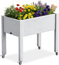 Raised Garden Bed with Legs, 28.9" Tall Self-Watering Raised Planter Box with Lockable Wheels, Drainage Plug and Gauge for Vegetables Flowers, Rustproof Resin for Backyard Patio (Ashen)