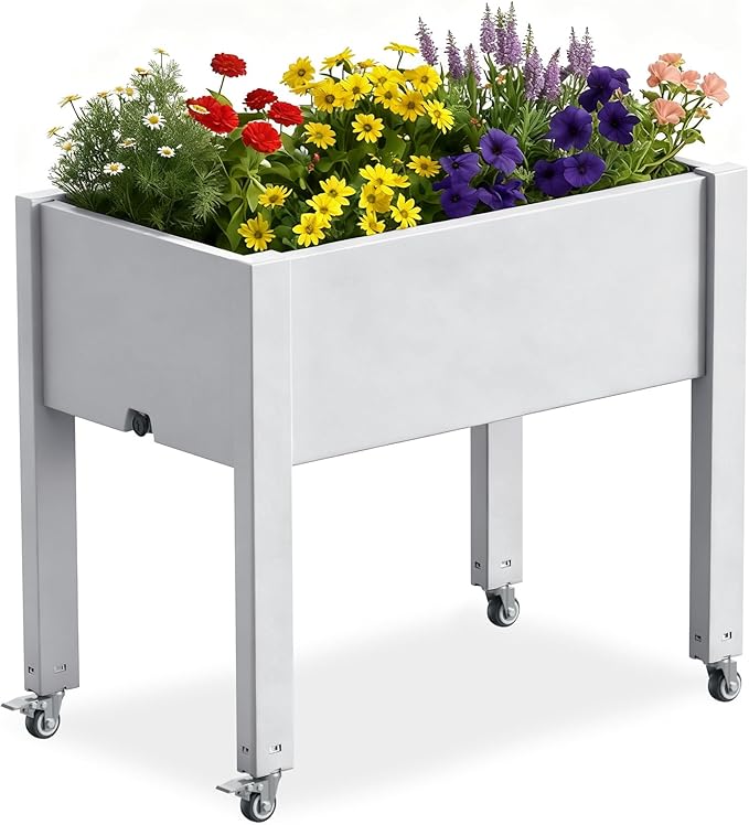 Raised Garden Bed with Legs, 28.9" Tall Self-Watering Raised Planter Box with Lockable Wheels, Drainage Plug and Gauge for Vegetables Flowers, Rustproof Resin for Backyard Patio (Ashen)