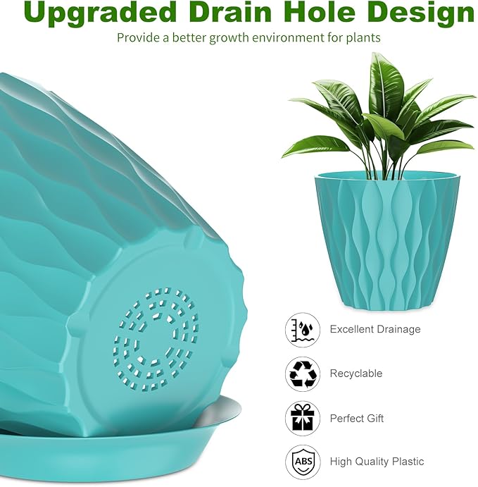 6 Pack 7 Inch Indoor Plant Pots with Drainage Holes, Outdoor Plastic Decorative Flower Pots, Garden Planters with Tray Saucers for Orchids, Violets, Succulents, Herbs, and Other Plants