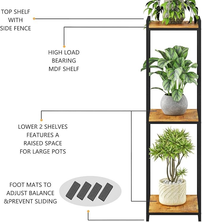 3-Tier Plant Stand Indoor, 45" Tall Modern Plant Shelf Corner Flower Pot Holder Organizer for Living Room Balcony Garden, Rustic Brown