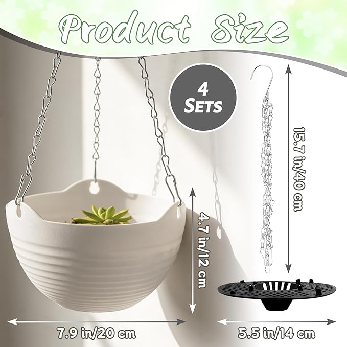Bvrbaory 4 Pack 8 inch White Hanging Planters,Self-Watering Indoor Outdoor Plant Pots,Round Hanging Basket with Water Tray Metal Chain for Garden,Porch,Wall Decoration