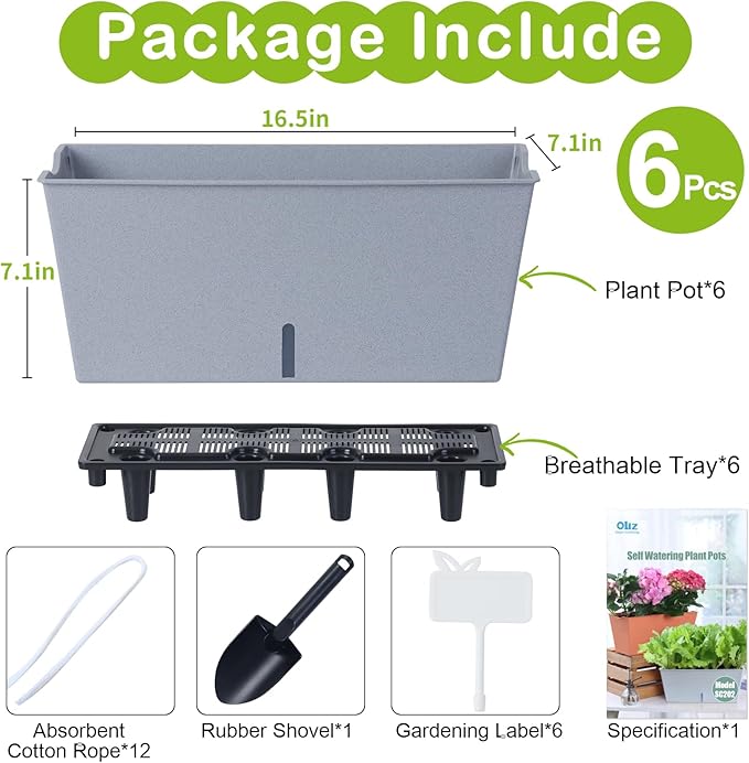 Window Box Planter 6 Pcs, 16.5 Inches Self Watering Rectangle Flower Plant Pots with Drainage Holes Trays, Vegetable Planters for Windowsill Patio Garden Balcony Porch Yard (Grey)
