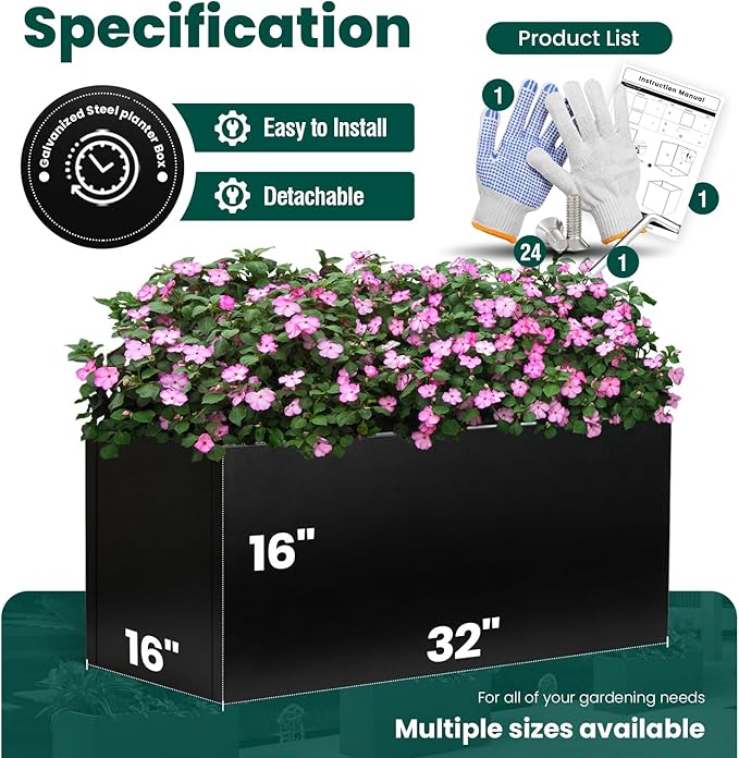 Galvanized Steel Metal Planter Rectangular Indoor 32" L x 16" W x 16" H Black Planter Box Large Outdoor Planters Steel Commercial Residential for Patio, Garden