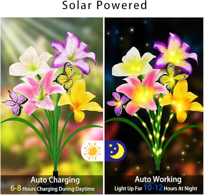 Solar Garden Lights 4 Pack LEDs Solar Lilies Flower Lights, Yard Patio Pathway Decoration High Flexibility Copper Wire Handmade Silk Artificial Flowers Never Wither, Gift for Family Friends