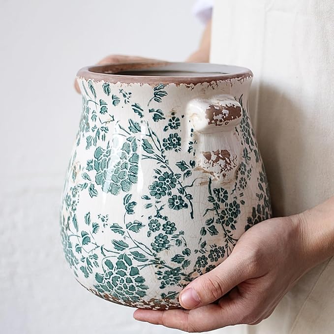 Tuscan Ceramic Planters and Kitchen Utensil Holder, 6.68 Inch Vintage Plant Pots with Drainage for Indoor/Outdoor, Country Cottage Vase for Home Garden Decor, Gifts for Plant Lovers, Cyan
