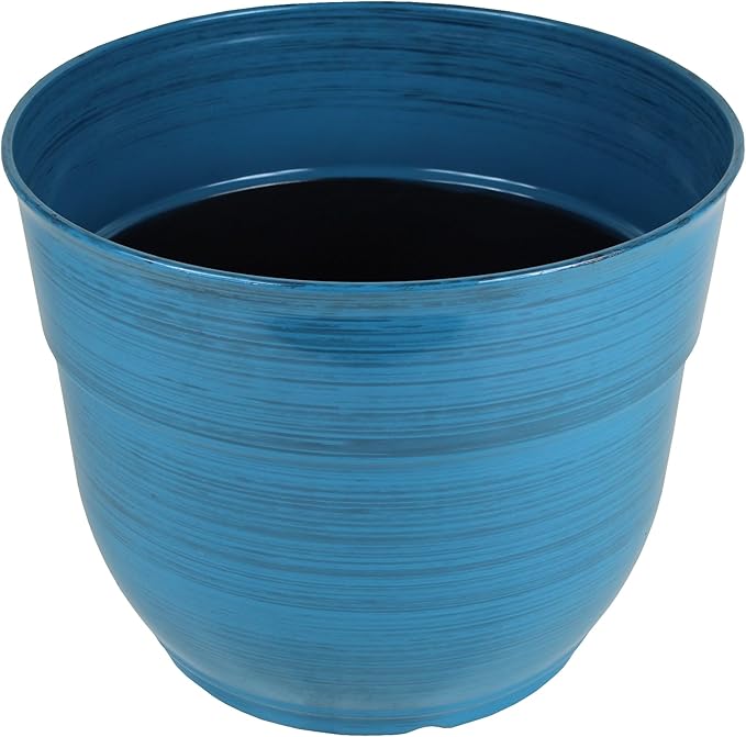 Garden Elements Indoor/Outdoor Glazed Brushed Happy Plastic Planter, Large, Dark Blue, 15"