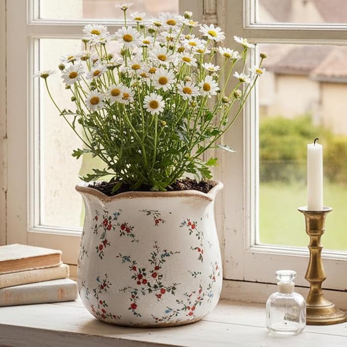 Ceramic Pots for Plants, Vintage Plant Pot with Drainage Hole, 6.11in. Planter for Indoor Plants, Crackle Glaze Finish Flower Pot, Perfect Tuscan Ceramic Planter for Gardening, Small Red Blooms