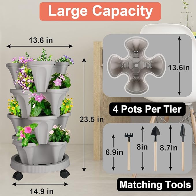 DUNCHATY Stackable Planter, Vertical Garden Planter with Wheels and Tools, Self Watering Strawberry Planter Indoor/Outdoor 4 Tier Herb Planter Pots for Growing Vegetables and Succulents,Gray