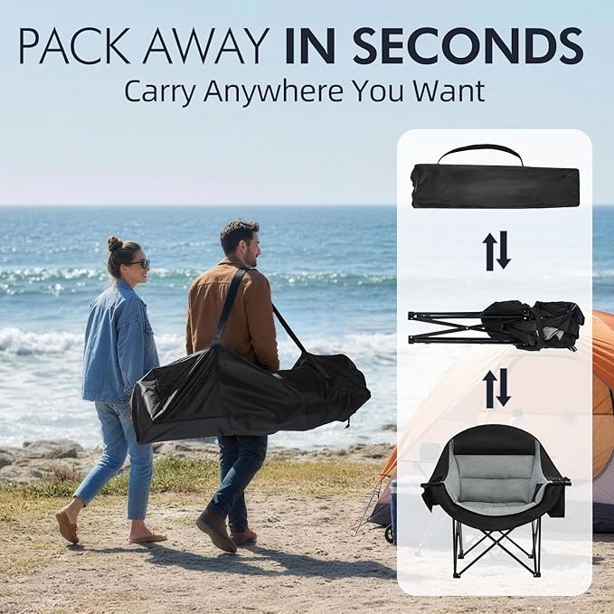 Oversized Camping Chair for Adults - Heavy Duty Outdoor Padded Large Lawn Camp Chair with Cup Holder Cooler Pockets for Sports Beach Fishing Garden Portable Supports 500lbs, Black/Grey 2 Pack