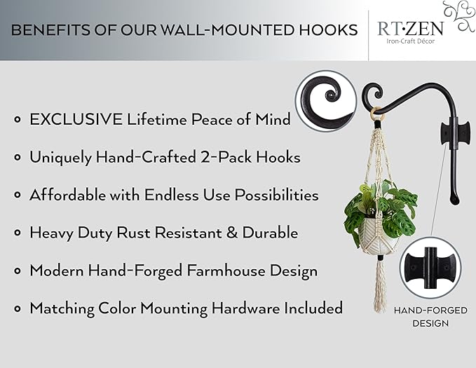 RTZEN Plant Hangers Indoor or Outdoor - Wrought Iron Metal Hanger Indoor Hook - Heavy Duty Wall Bracket Hooks for Hanging Plants Baskets Lanterns Wind Chimes - 2 Pack (Black Axe-Shape Hooks)