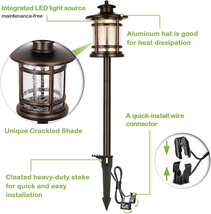 hykolity Low Voltage ORB LED Landscape Path Light W/Crackled Shade, 3.4W 155LM 12V-24V Wired Outdoor LED Walkway Light, Die-cast Aluminum Construction, 30-Watt Equivalent, 6 Pack