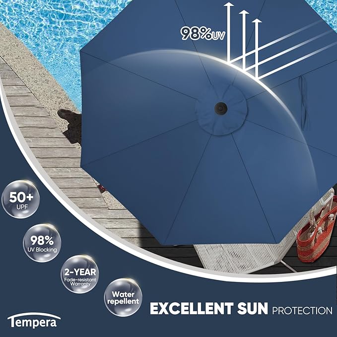 Tempera Patio Market Outdoor Table Umbrella with Auto Tilt and Crank, Large Sun Umbrella with Sturdy Pole & Fade Resistant Canopy, Easy to Set