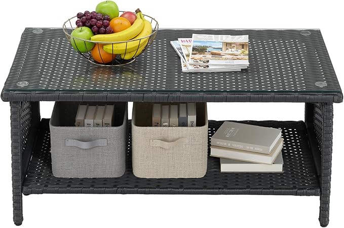 VINGLI Outdoor Wicker CoffeeTable Patio Coffee Tables for Outside, Tempered Glass Top Wicker Table with Storage Coffee Table for Patio Balcony Porch Deck (Black)
