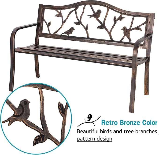 MFSTUDIO 50" Outdoor Garden Bench, Patio Metal Frame Park Bench with Bird Pattern Backrest for Porch, Lawn, Deck(Bronze)