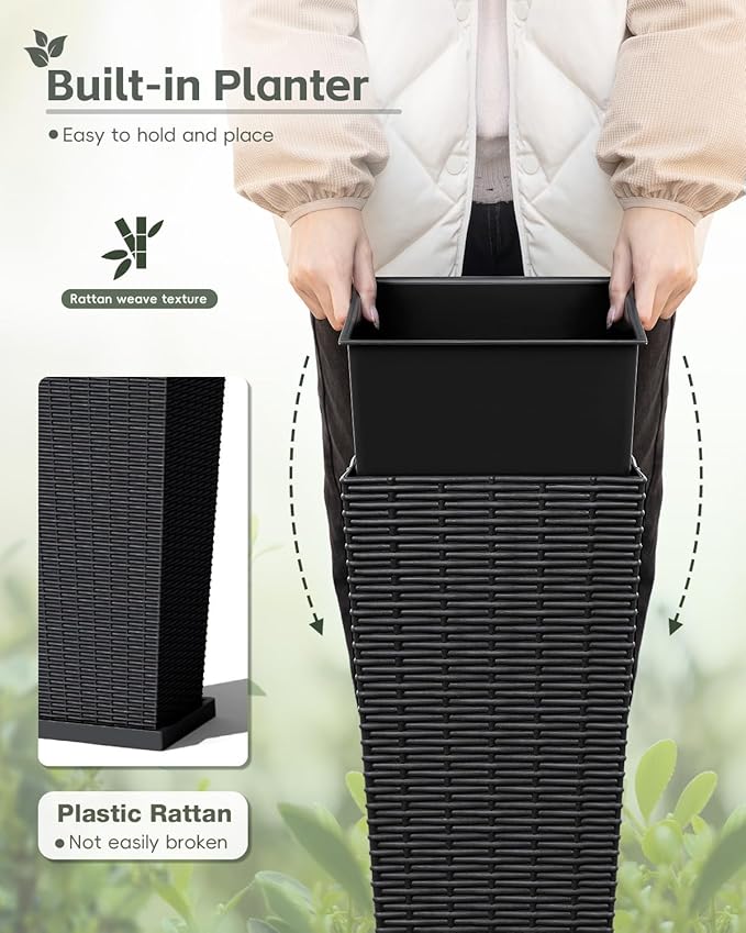 Greesum Set of 2 Tall Plastic Planters with Saucer, 24 Inch Large Pots with Drainage Trays, Weather-Resistant Plastic Plant Containers for Patio, Porch, Garden,Black