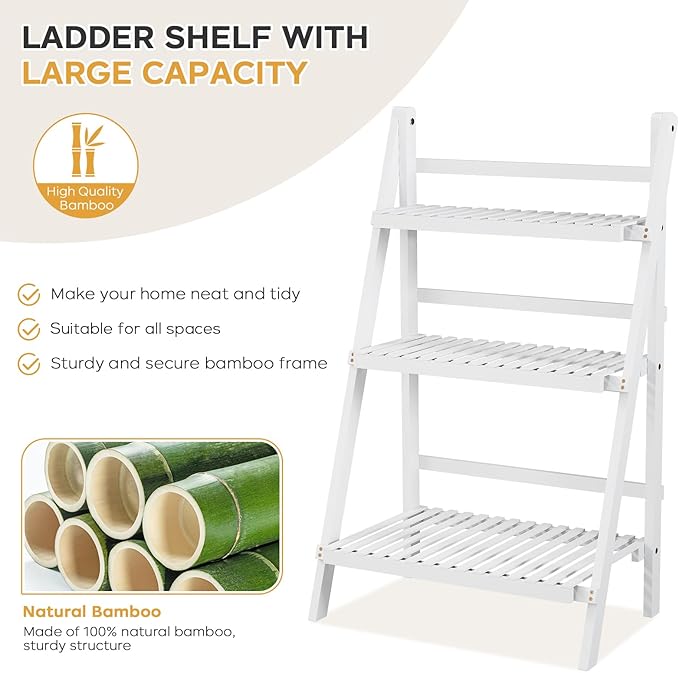 Bamboo Bookshelf 3-Tier Ladder Shelf, 39.4” Freestanding Open Bookcase Book Shelf Bathroom Storage Shelf Unit Plant Stand for Small Space, Living Room, Bedroom, Home Office, White