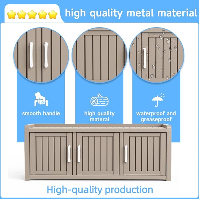 3 Doors Shoe Bench, Waterproof & UV-Resistant, Resin Shoe Cabinet Indoor & Outdoor Use, Entryway Bench with Adjustable Shelves & Hidden Storage Space for Bedroom, Hallway, Grey
