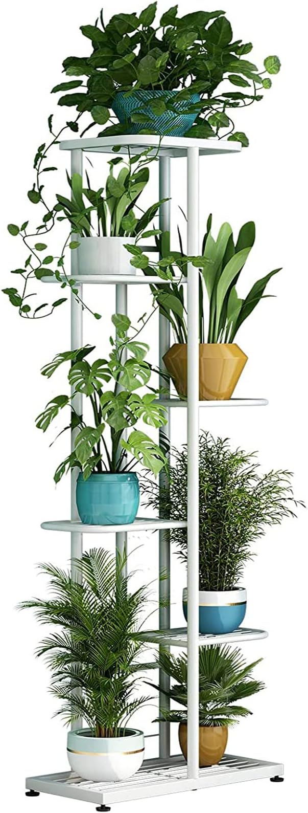 LINZINAR Plant Stand Metal 6 Tier 7 Potted Multiple Flower Pot Holder Shelf Indoor Outdoor Planter Display Shelving Unit for Patio Garden Corner Balcony Living Room (6 Tier 7 Potted, White)
