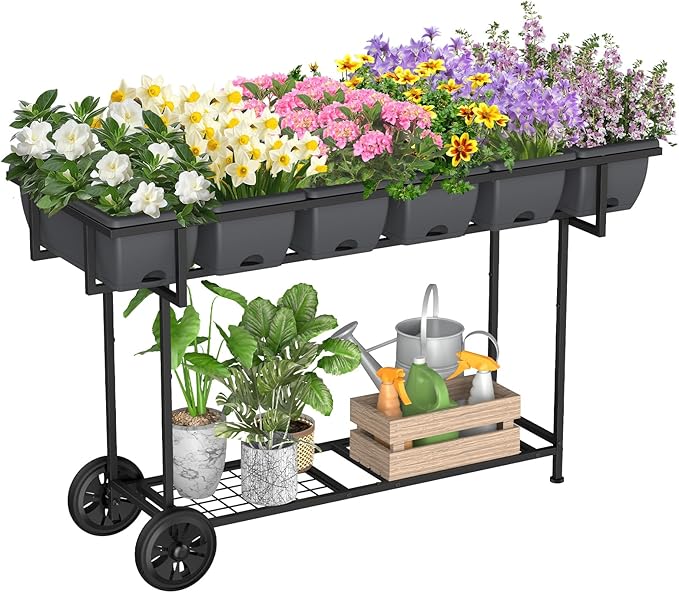 YBING Raised Garden Bed with Wheels Outdoor Elevated Planter Box Stand 6 Pocket Raised Flower Bed with Legs and Storage Shelf Herb Garden Planter for Patio 30" Tall, Dark Grey