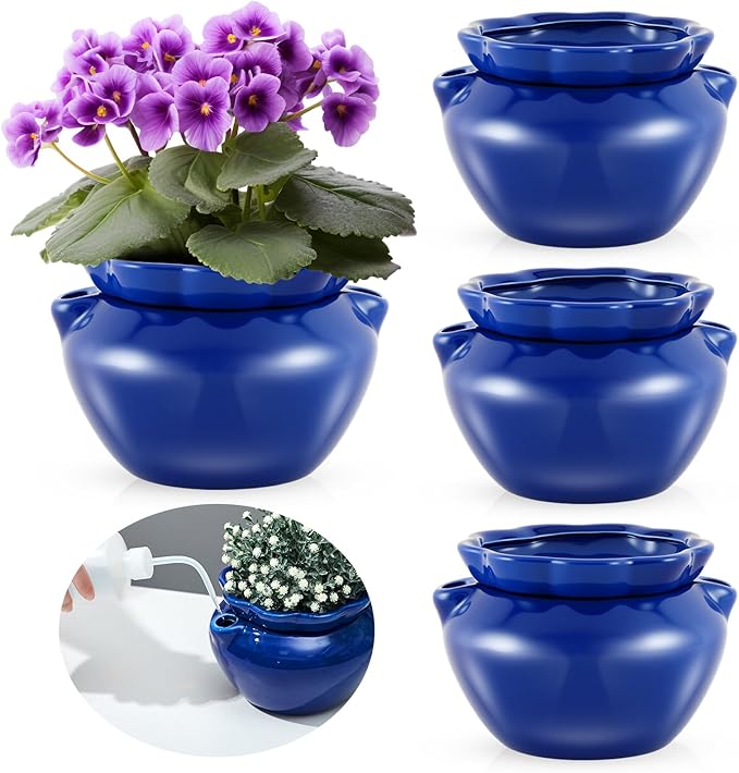 4 Sets African Violet Pots 6 Inch Self Watering Pot for Indoor Ceramic Self Watering Planter for Flower Lovers Ideal Plant Pot Thriving Flower Maintenance
