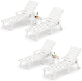 LUE BONA Chaise Lounge Chair with Table, 6-Piece, HDPS Chaise Lounger, 5 Positions Adjustable Lounge Chairs, Pool Lounge Chair with Wheels for Poolside, Backyard, White