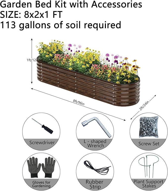 Galvanized Metal Planter Round Raised Garden Bed Kit for Gardening Outdoor Garden Box Raised Flower Bed 1PC Wooden Color 8X2X1FT