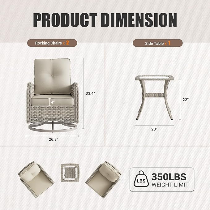 15-Piece Outdoor Patio Furniture Set with Rocking Swivel Chair Wicker Sectional Sofa Set, Patio Conversation Set with Thickened Cushions & Coffee Table for Garden, Backyard, White