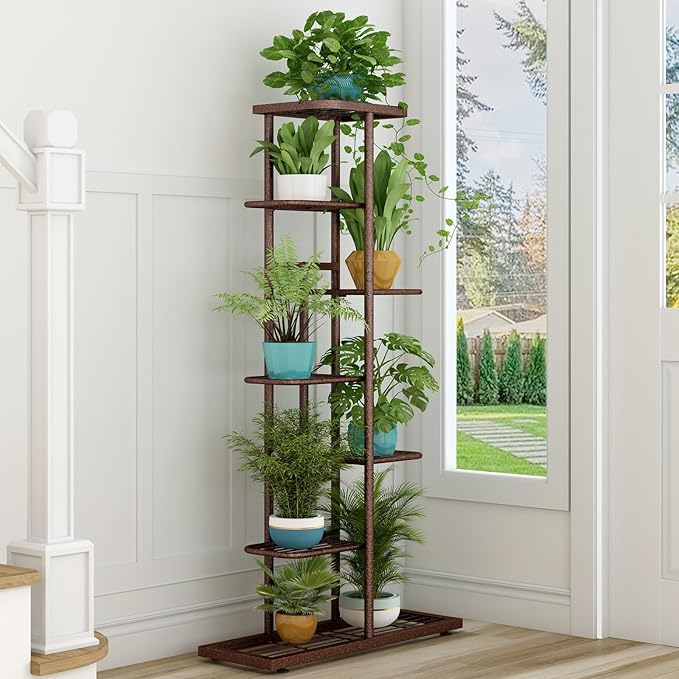 LINZINAR Plant Stand Metal 7 Tier 8 Potted Multiple Flower Pot Holder Shelf Indoor Outdoor Planter Display Shelving Unit for Patio Garden Corner Balcony Living Room, Bronze