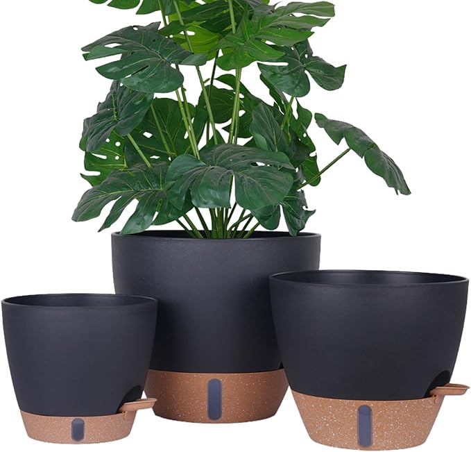 Self-Watering Plant Pots for Indoor Plants: 8/10/12 Inch Large Plastic Planter with Water Level Indicator, Drainage Holes & Deep Reservoir, Modern Decorative Flower Pot (Black)
