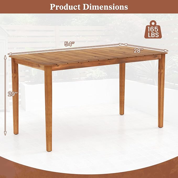 Tangkula 54" Acacia Wood Patio Dining Table for 6, Rectangular 4-6 People Patio Table with Slatted Tabletop, Indoor Outdoor Farmhouse Dining Table for Yard, Garden, Poolside, Deck