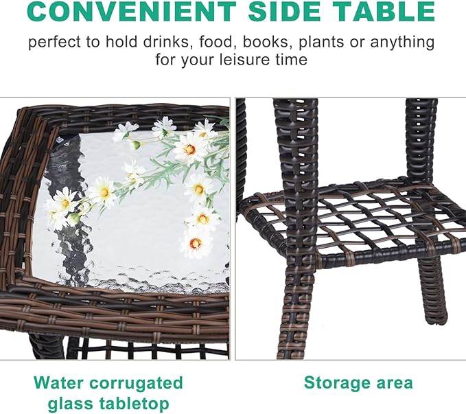 VINGLI Outdoor Side Table with Storage Wicker Patio Side Table, Tempered Glass Top End Table for Balcony Porch Deck (Brown)