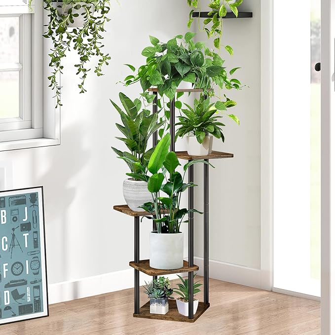 5 Tier Plant Stand Indoor, Thickened Metal Wood Corner Plant Shelf Stands for Multiple Plants, Indoor Tall Plants Stand Tiered Flower Holder for Living Room Patio Garden Balcony(Black+Brown)