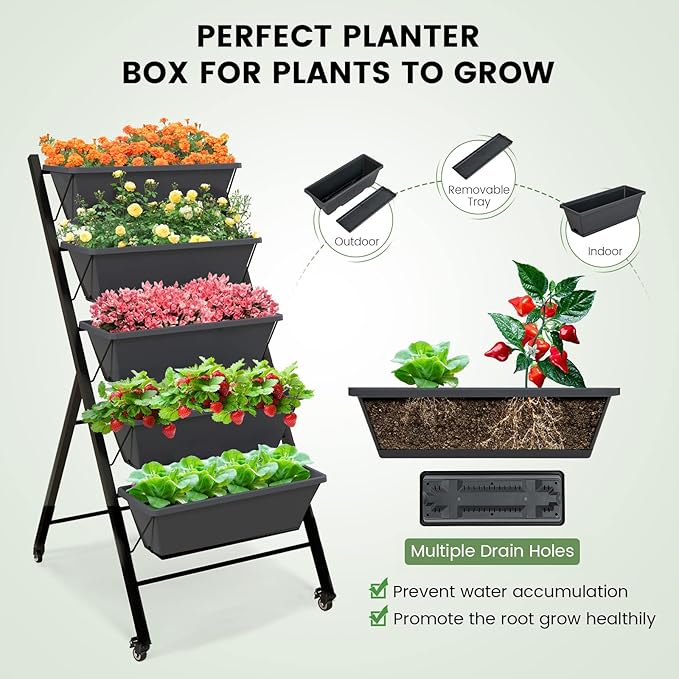 Giantex Vertical Raised Garden Bed on Wheels, Elevated Planter Raised Beds with Water Drainage, Freestanding 5 Container Boxes for Vegetables and Flowers Growing, Outdoor Indoor Patio Balcony