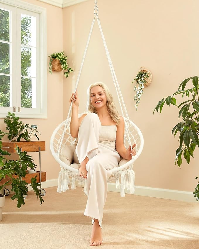 Greenstell Hammock Chair, Macrame Swing Chair with Comfy Cushion, Boho Hanging Chair for Outdoor & Indoor, Perfect for Bedroom, Patio, Balcony, Hold up to 330Lbs, White